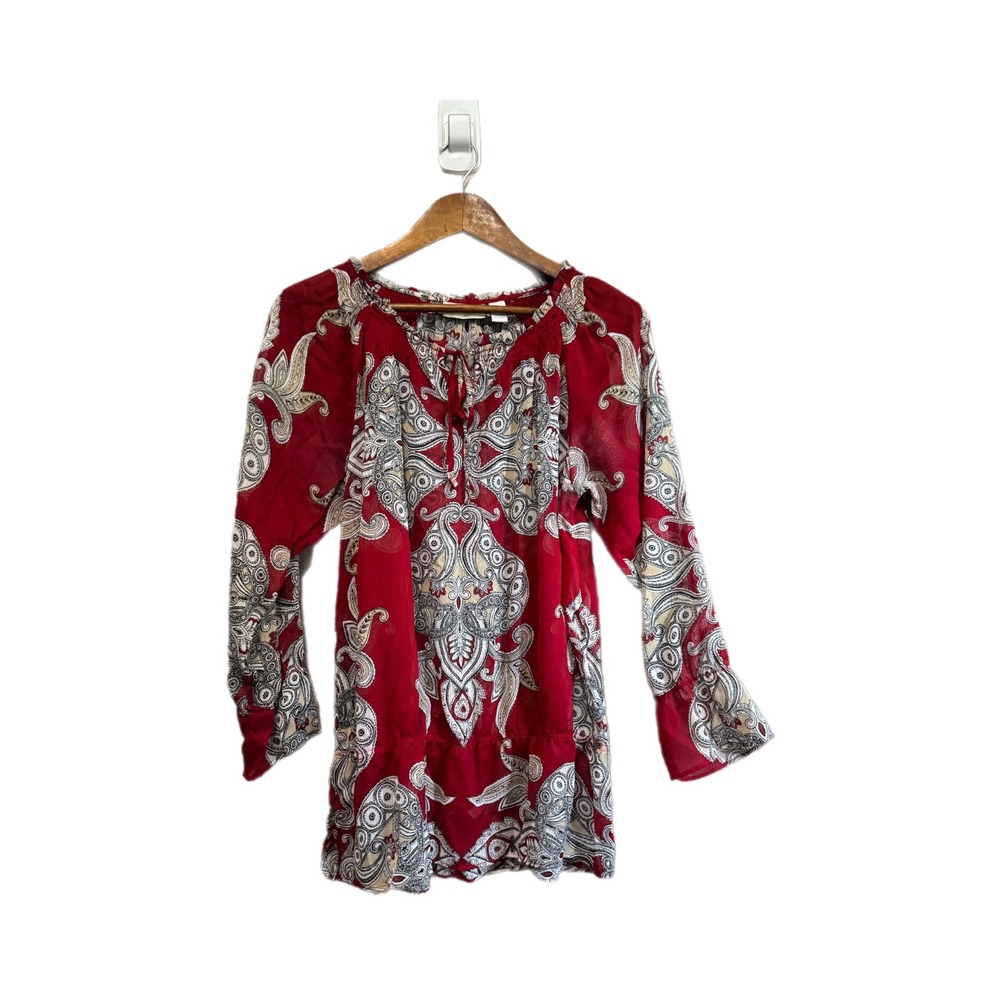 Chicos Blouse Womens 1 Red Excellent Paisley Chiffon Peasant Top